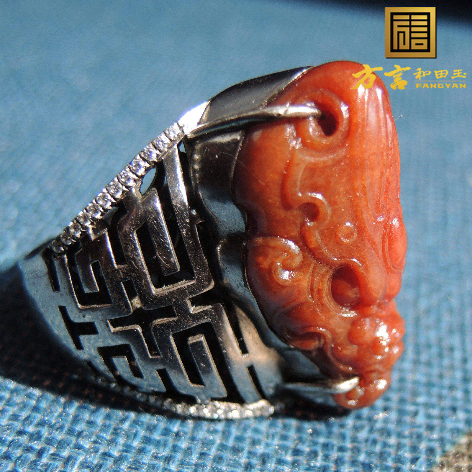 方言巨漏珍品鸽血红色红玉籽料龙头925银镶玉21精品豪华男式戒指R