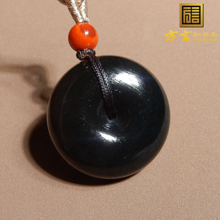 嗨翻天方言品牌和田玉新疆精品漆黑如墨墨玉籽料平安扣吊坠挂件R5