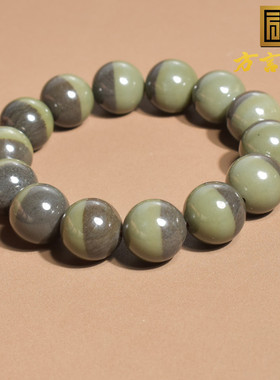 震撼方言和田玉新疆玉龙河细润双色沙枣青籽料卡16mm圆珠手串A1