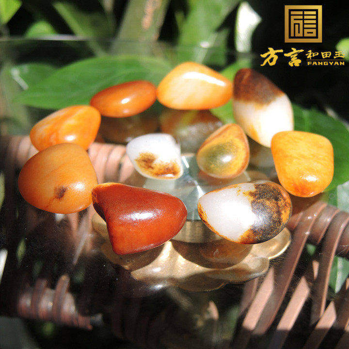 方言和田玉精品原生无修磨老熟金包银红沁原石籽料手链回馈玉友F