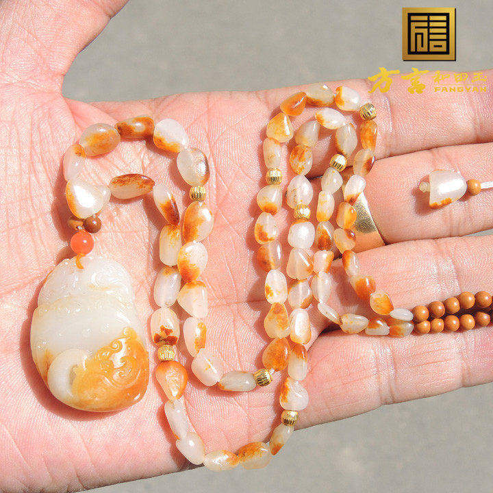 方言企业和田玉精品白色珍品杨大钊籽料金皮吊坠红皮羊脂玉项链F