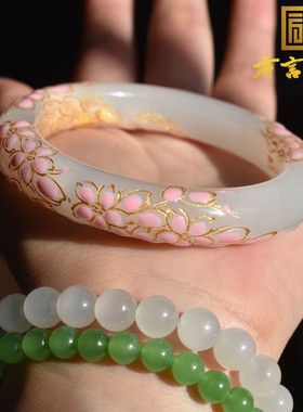 市场12000元福利价1100元老坑青海料白玉54景泰蓝国风桃花手镯R1