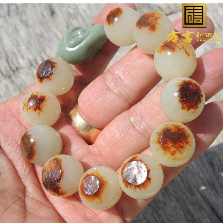 方言巨漏珍品红油皮籽玉手串颗颗带原石皮白玉籽料圆珠老熟手链R