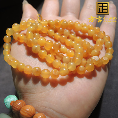 全玉种鸡油黄黄沁金包银留皮孔唐河沁6mm108颗多圈手链项链R1