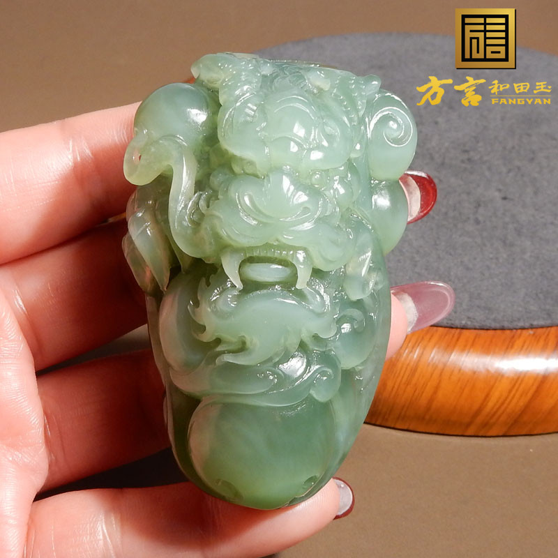 方言和田玉俄罗斯碧玉冰底粉青粉绿双色猫眼俏雕穿云龙手把件X3