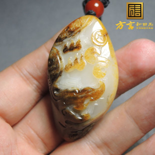 方言品牌和田玉新疆老熟黄沁皮聚黑油皮白玉籽料金辉队吊坠挂件R1