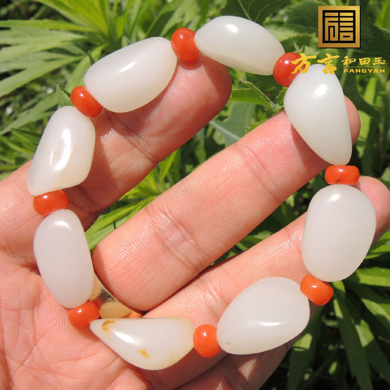 方言和田玉珍藏级珍稀名品挂金皮近无结构高白羊脂玉籽料手链子F