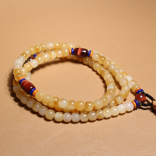 方言和田玉新疆且末金山矿糖玉黄金糖白玉7mm老型珠项链手串A6