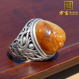 火爆方言和田玉新疆金包银黄沁白玉籽料银镶玉灵猴献寿戒指扳指A1