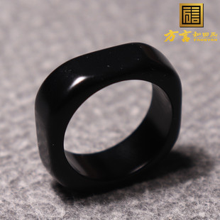 方言精品和田玉放漏新疆漆黑如墨墨玉籽料方戒19-20mm戒指回馈O2