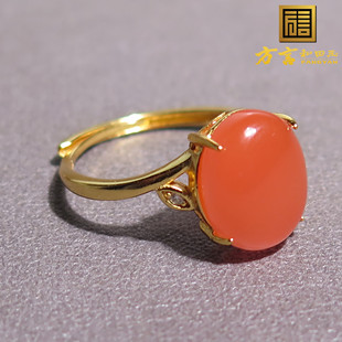 方言精品和田玉特色精品佩戴级樱桃红南红玛瑙925银镶嵌玉戒指X7