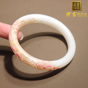 惊呆了方言和田玉青海料羊脂白景泰蓝工艺桃花粉描金卡58mm手镯h0
