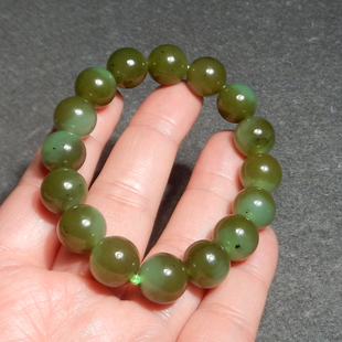 方言和田玉精品乌兰海碧玉苹果绿带糖聚宝盆12mm圆珠手串手链X3