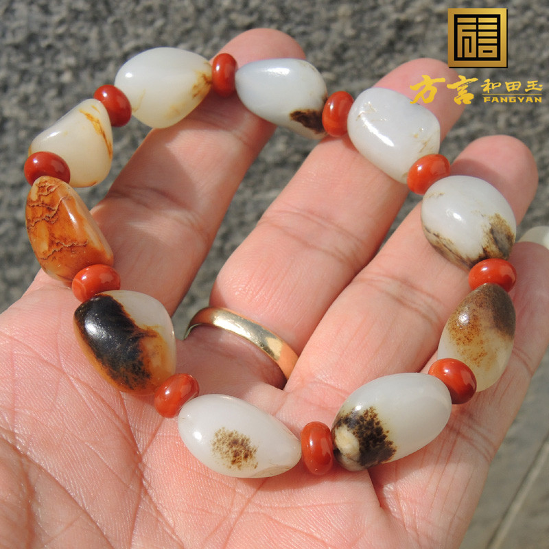 方言和田玉老熟10颗珍稀白色名品黑红皮羊脂玉手串籽料原石手链F