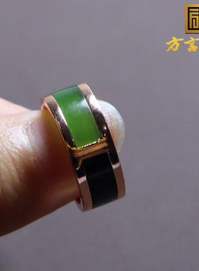 南红墨玉碧玉多宝16mm银镶玉戒圈