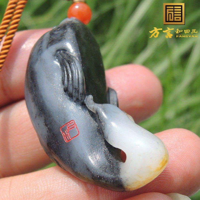 方言珍稀黑色名品红皮和田玉挂件黑白精品青花墨玉籽料海豚吊坠F