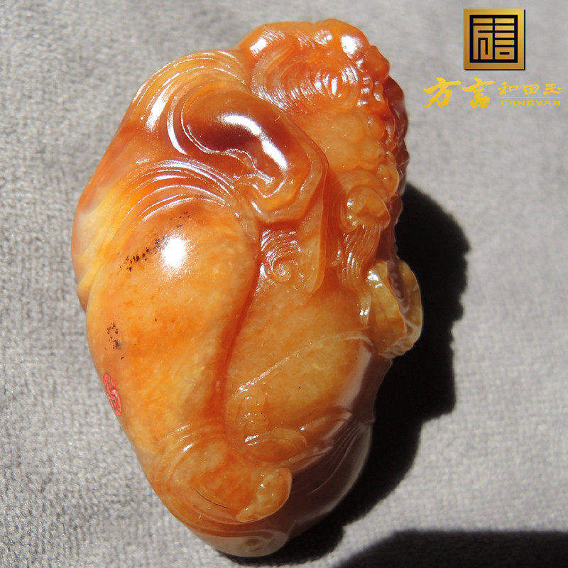 方言镇店之宝巨漏老熟聚橘黄沁色淡粉玉俏色精工钟馗籽料手把件R