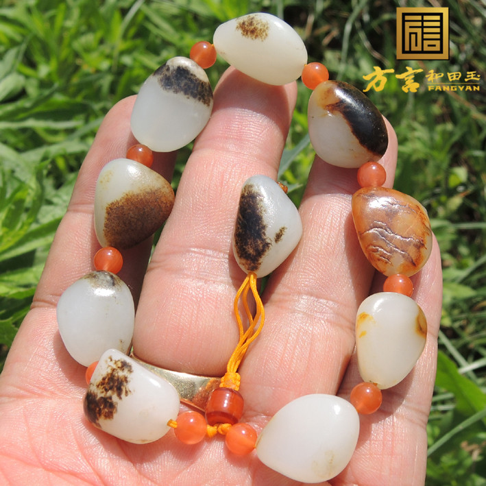 方言和田玉手串新疆玉龙河正宗无修高白羊脂玉籽料皮色精品手链F