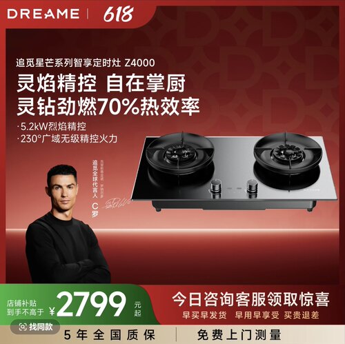 追觅嵌入式Z4000燃气灶双灶180min独立定时70%热效率黑钢化玻璃