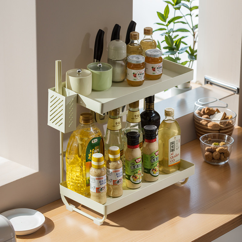 奶油风厨房置物架台面双层调料架多功能放油盐酱醋调味瓶收纳架子