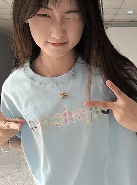 奶蓝色100%纯棉字母设计印花短袖t恤女夏季新款复古显瘦学生上衣