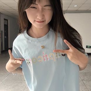 奶蓝色100%纯棉字母设计印花短袖t恤女夏季新款复古显瘦学生上衣