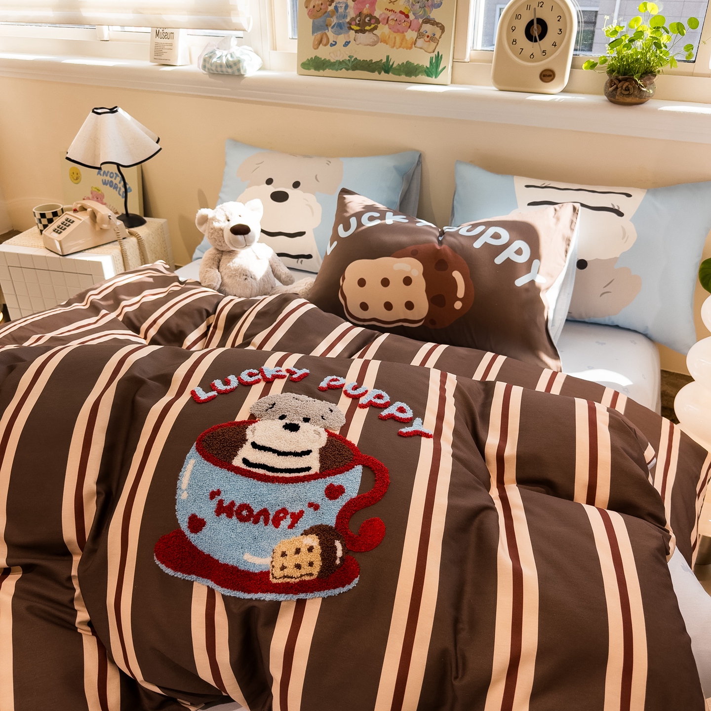 章鱼家卡通可爱小狗毛巾绣四件套全棉纯棉床单被罩床上用品