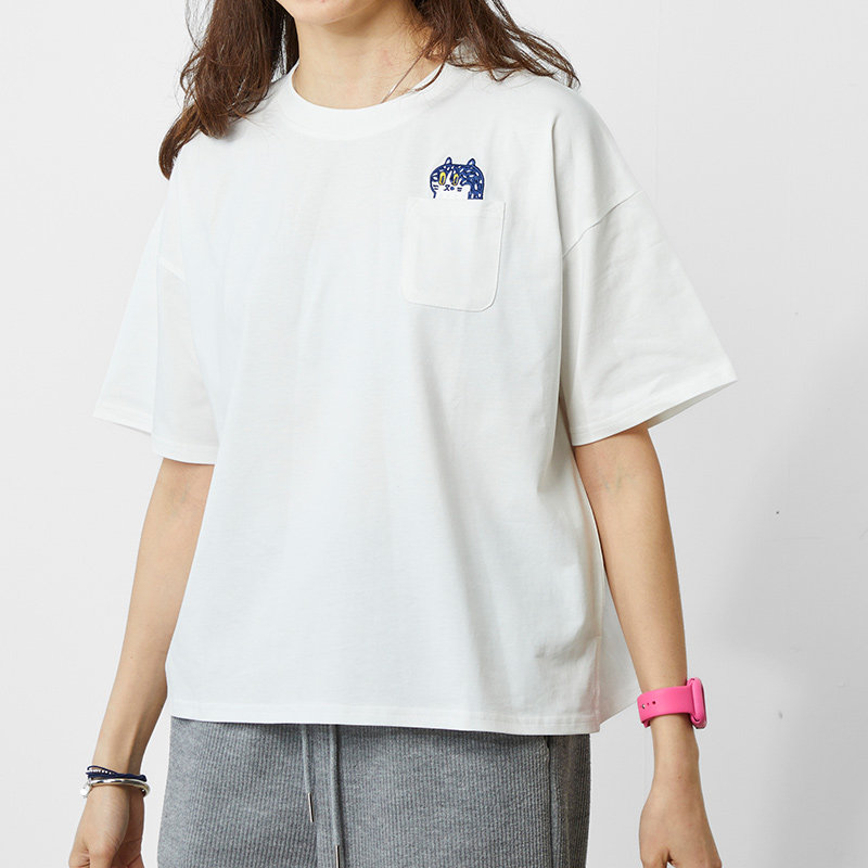 全棉猫咪口袋绣花T恤春夏短袖家居服雾霾蓝白色如茉原创设计新款