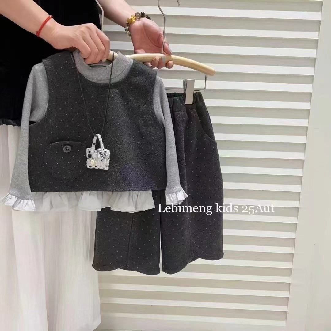 韩系童装女童套装秋2025新款洋气小香风波点马甲阔腿裤时髦三件套