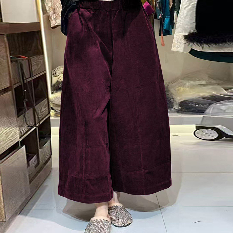 高端欧货桑蚕丝灯芯绒大阔腿设计感八分裤女2025秋冬新款气质裤裙