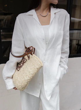 RL精英范~白色亚麻衬衫女2025春夏宽松休闲薄款长袖纯色百搭衬衣