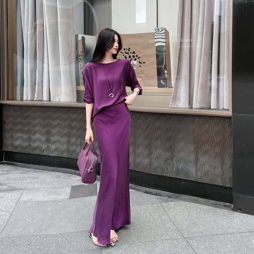 时尚轻奢套装女2026夏季新款铜氨丝七分袖上衣垂感高腰长款半身裙