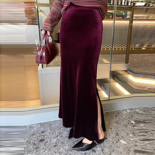 韩国进口细腻丝绒侧开叉半身裙女秋新款 包臀鱼尾长裙 松紧高腰修身