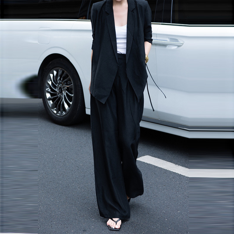 原创设计职业干练系带西服西裤两件套OL气质系带西装+阔腿裤套装