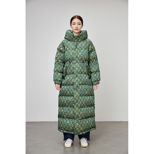 高端原创设计绿色格子碎花新中式国风香云纱长款加厚到脚踝羽绒服