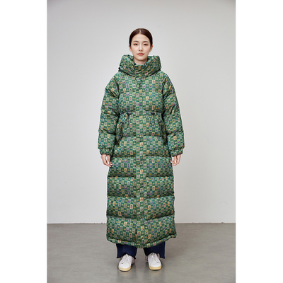 高端原创设计绿色格子碎花新中式国风香云纱长款加厚到脚踝羽绒服