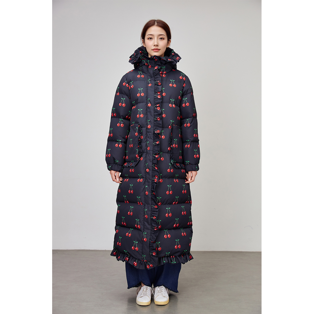 原创设计师品牌买手店黑色樱桃印花蝴蝶结加厚长款羽绒服外套