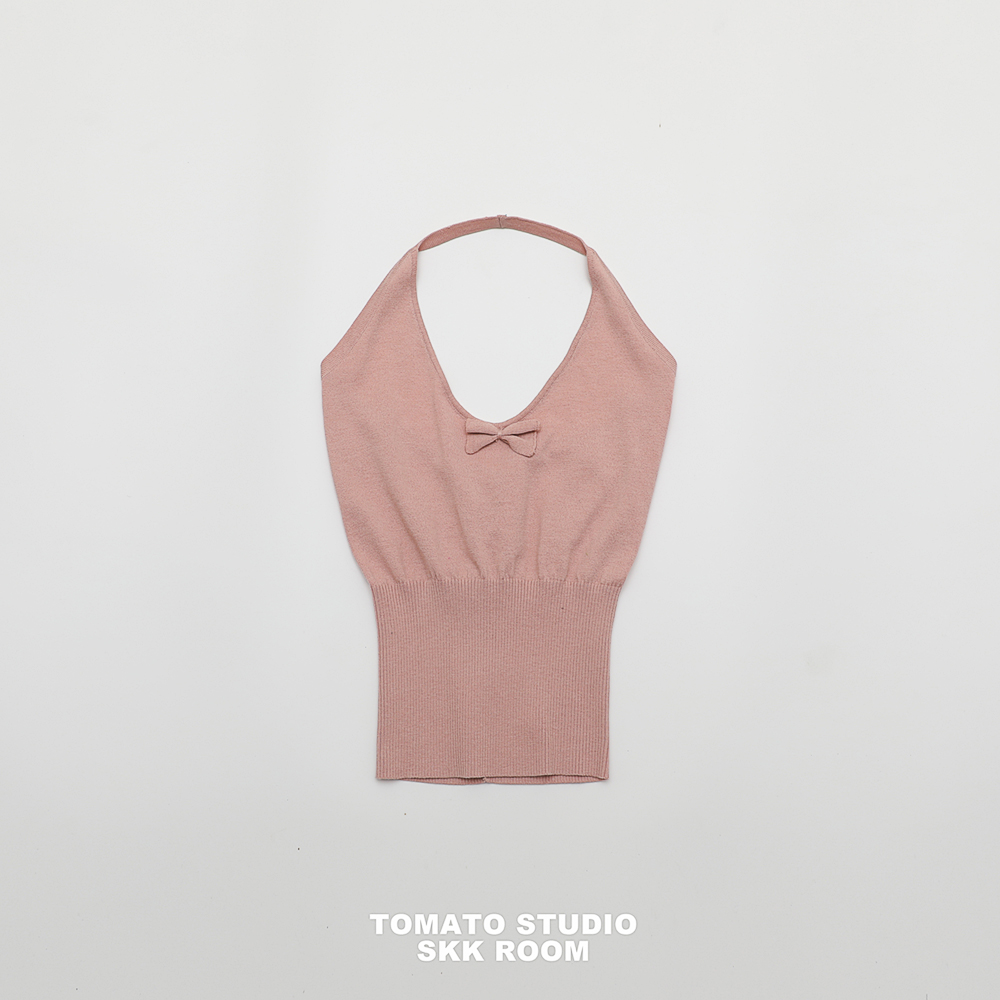 TOMATO SHOP 甜美纯欲芭蕾少女蝴蝶结针织挂脖吊带上衣背心打底