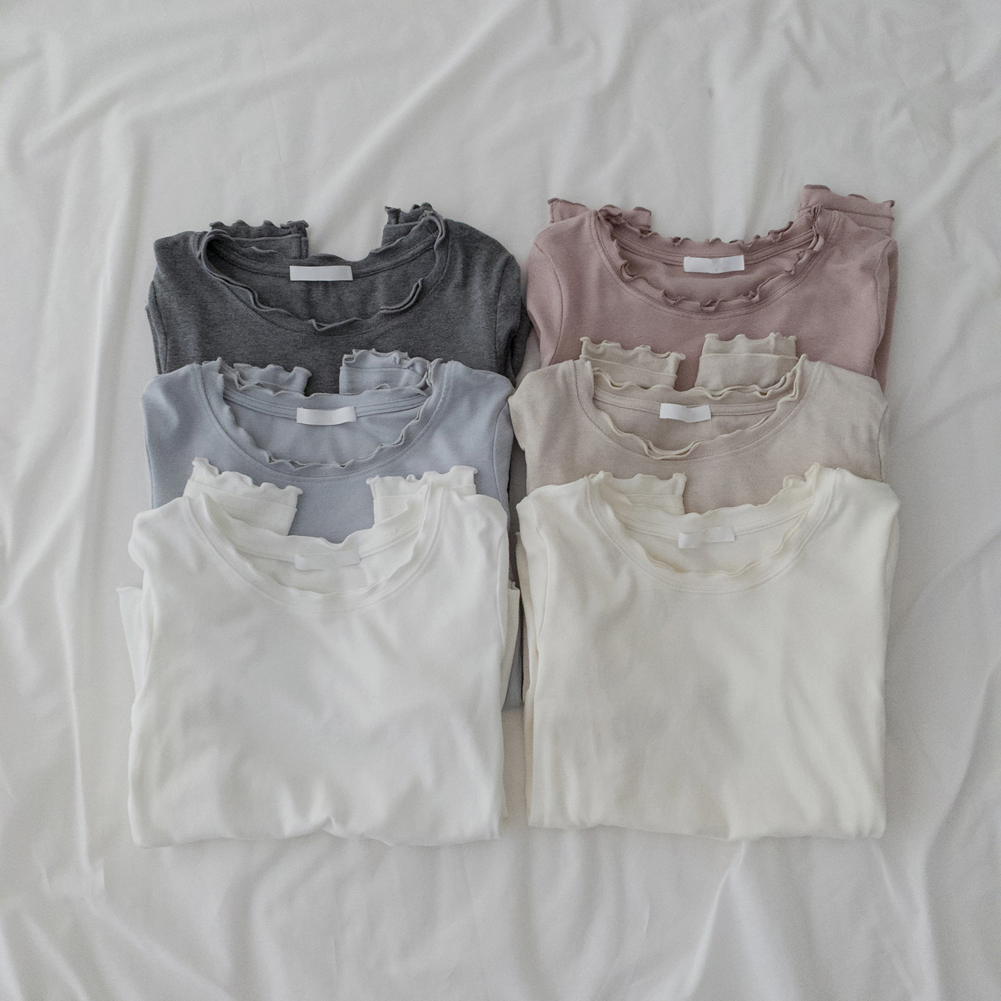 卷边长袖t恤～软糯糯温柔少女波边打底外穿圆领上衣