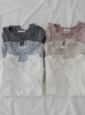 卷边长袖t恤～软糯糯温柔少女波边打底外穿圆领上衣