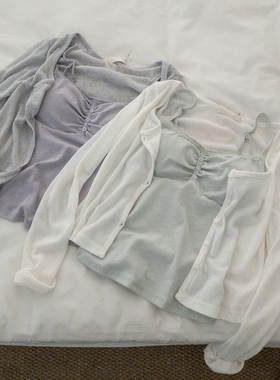 蕾丝花边（带胸垫）吊带背心+百搭坑纹薄款针织开衫两件套