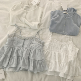 重工 少女温柔蕾丝荷叶花边小吊带双层蛋糕打底背心 法式