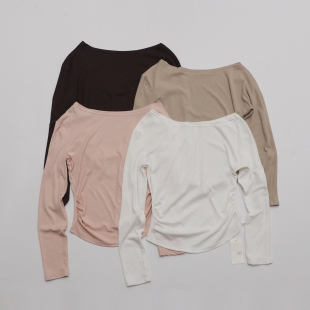 软糯亲肤少女褶皱两穿斜肩长袖 海盐芝士 t恤上衣 SHOP TOMATO