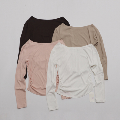 TOMATO SHOP 海盐芝士~软糯亲肤少女褶皱两穿斜肩长袖t恤上衣