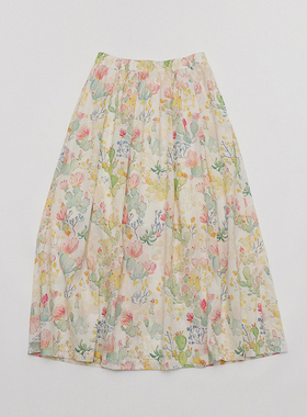 春夏新款 夏日香气复古少女油画水粉彩色口袋压褶纯棉碎花半身裙