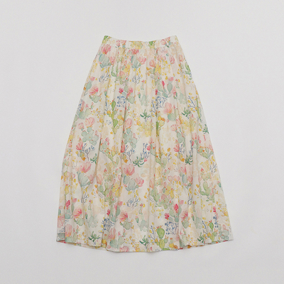 春夏新款 夏日香气复古少女油画水粉彩色口袋压褶纯棉碎花半身裙