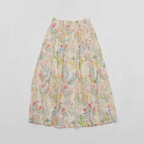 春夏新款 夏日香气复古少女油画水粉彩色口袋压褶纯棉碎花半身裙