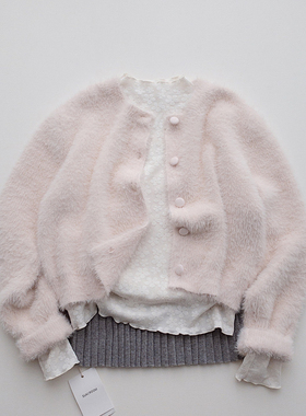 TOMATO SHOP芝芝桃粉~纯色软糯仿水貂绒毛衣开衫外套