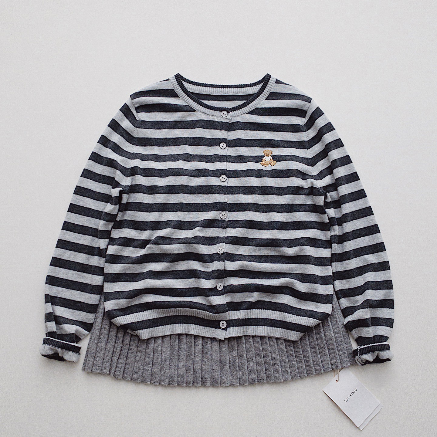 少女学院刺绣小熊条纹圆领基础百搭针织开衫女毛衣外套