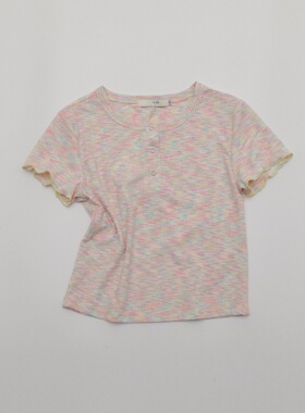 TOMATO SHOP~自制 日系少女条纹～开扣圆领波边坑纹修身百搭t恤